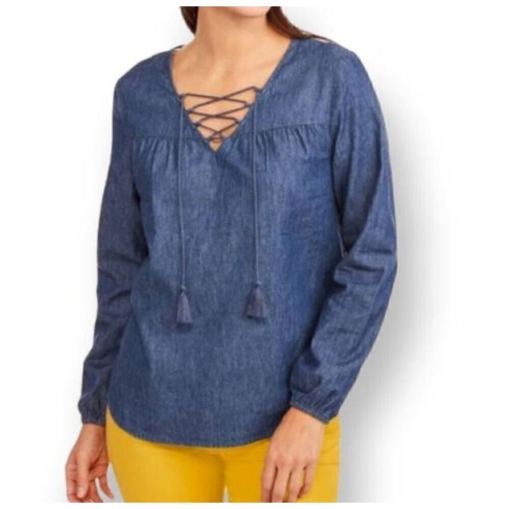 FADDED GLORY DENIM BLUE LACE UP PEASANT  TOP SZ.S EUC.